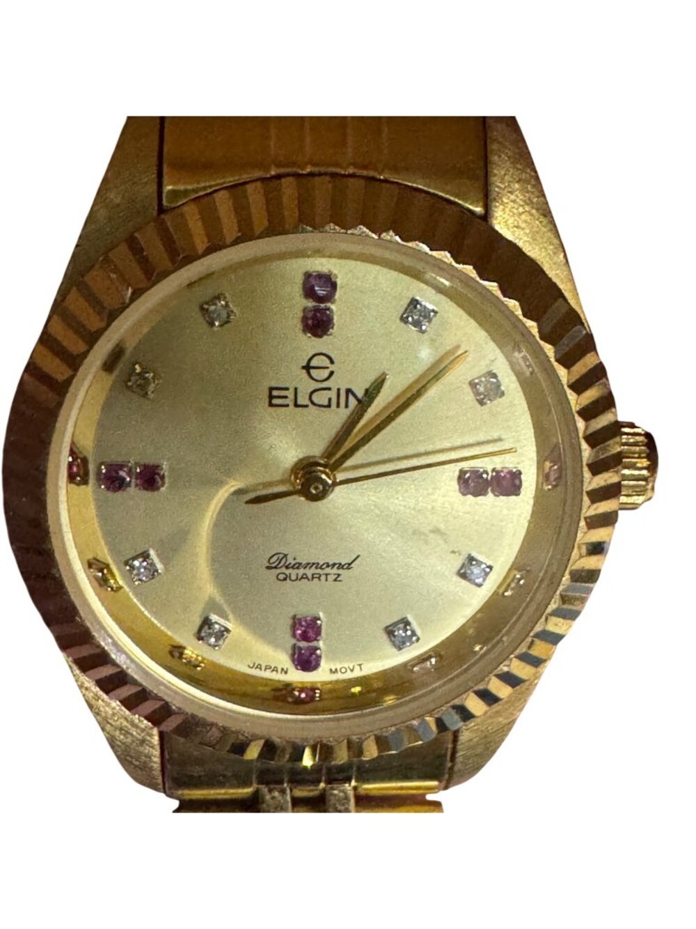 Elgin Gold-Tone Diamond Quartz Womens Watch Ruby Acc Stainless Steel Champagne